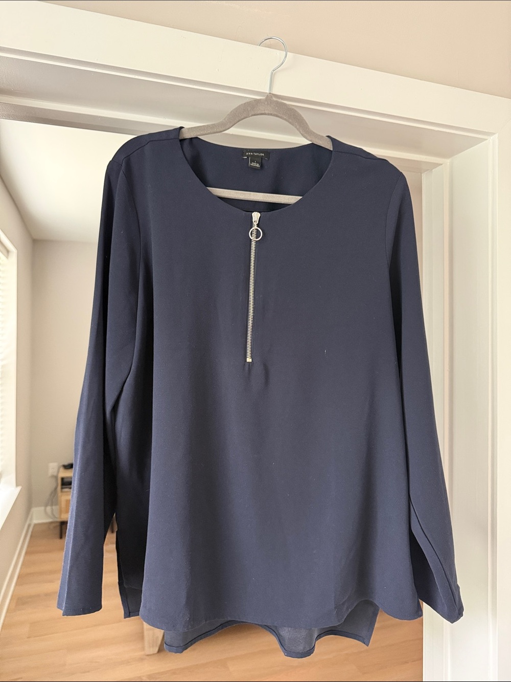 Ann Taylor Navy Long Sleeve Half-Zip Blouse
